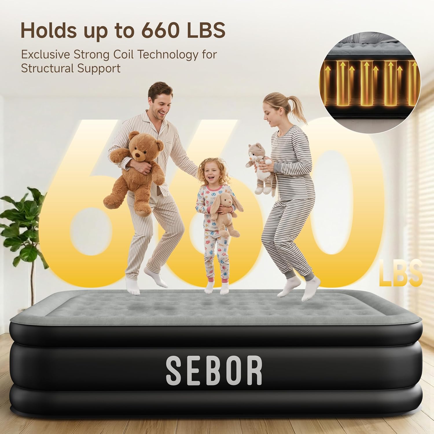 Sebor Air Mattress Queen with Built-in Pump 18", Comfortable Self-Inflating Air Mattress with High-Speed Pump, Durable Blow Up Mattress Queen with Storage Bag for Guests, Camping, Travel