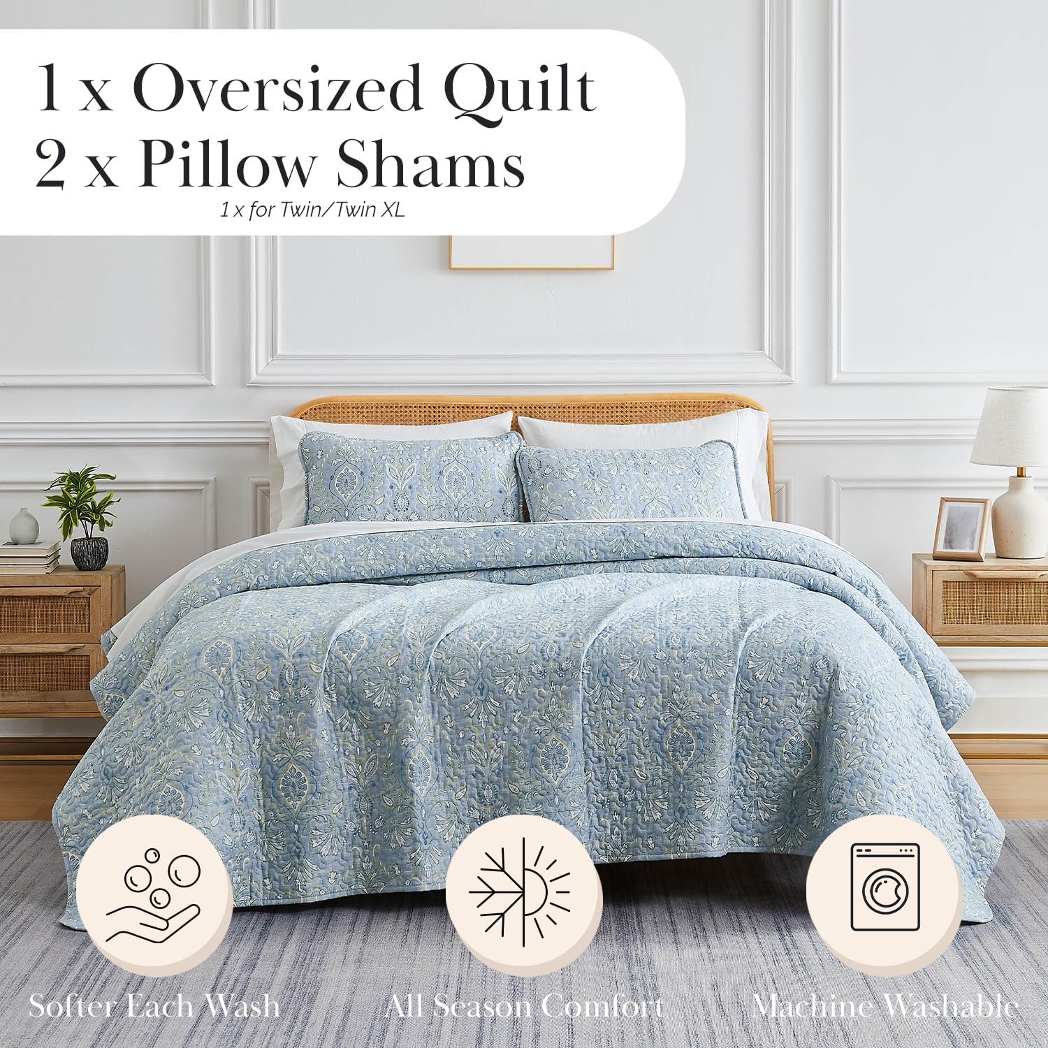 Southshore Fine Living, Inc. Boho Quilt Set, Lightweight Bedspread, Summer Coverlet, 3-Piece Paisley Bedding Set with Two Matching Pillow Shams, California King Quilts, Blue Paisley - Image 2