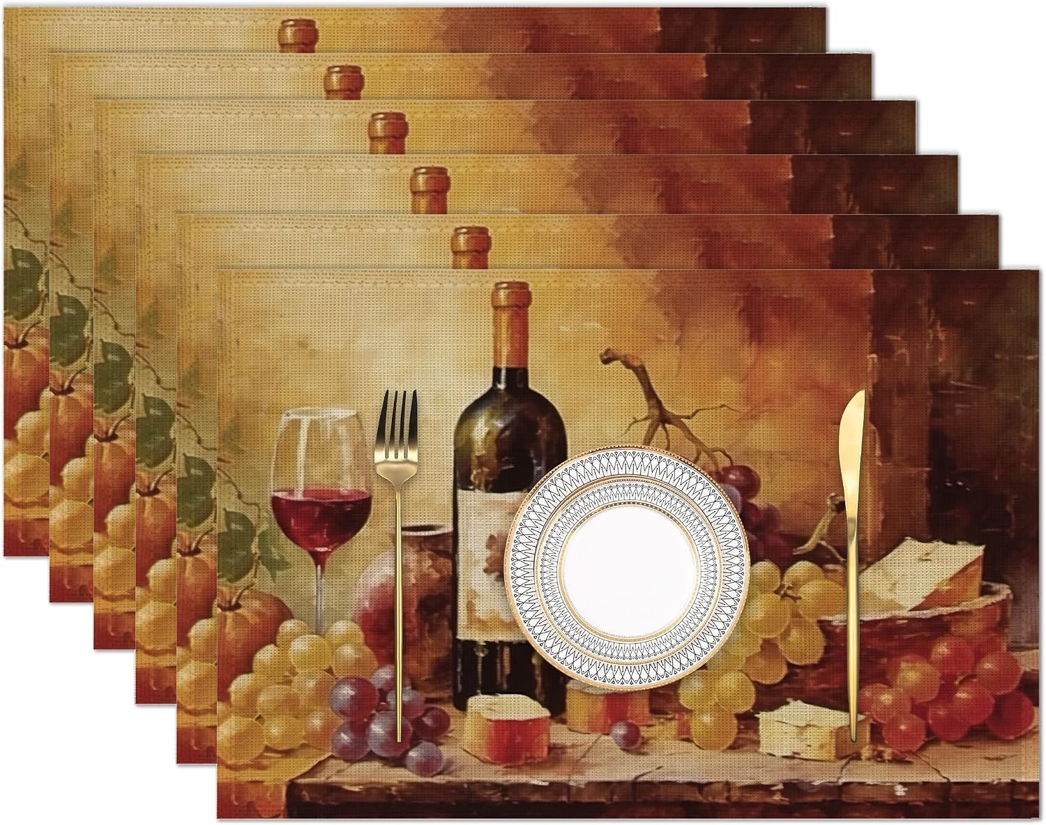 Amazon.com: Placemats Set of 6,Retro Wine Bottles Glasses and Grapes ...