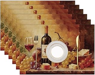 Placemats Set of 6,Retro Wine Bottles Glasses and Grapes Linen Place Mats,Modern Washable Table Placemats 12"x18" Heat Resistant Table Mats for Dining Kitchen Party Holiday Decoration