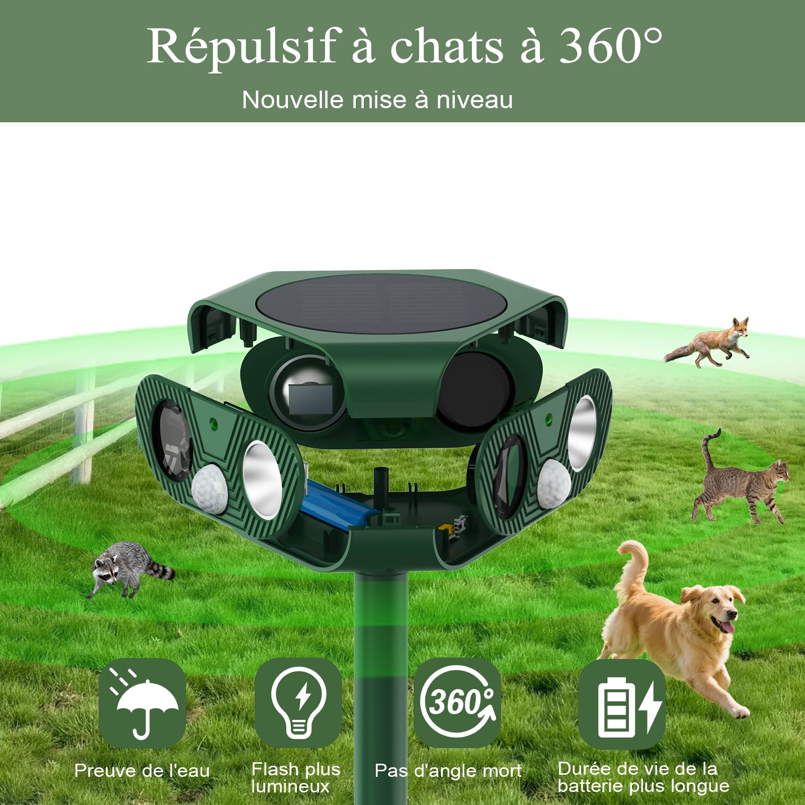 Repulsif Chat Exterieur 360°, Ultrason Chat Trois Côtés Travaillant Simultanément, IP65 Imperméable Répulsif pour Chat avec Flash LED, Détecteur PIR, Anti Chat Chiens Souris Ratons