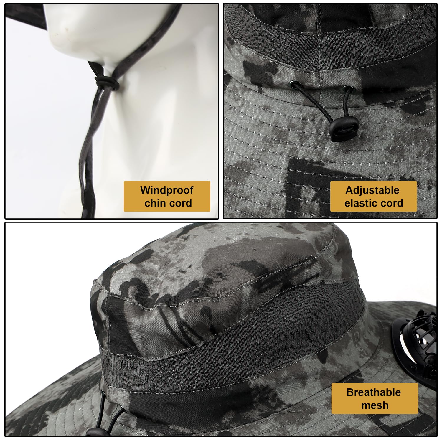 Chapeau Solaire avec Ventilateur, Chapeau de Soleil à Large Bord Gris Foncé avec 2 Ventilateurs de Charge Amovibles pour Femmes Hommes Chapeaux à Ventilateur Solaire pour Randonnée en Plein Air
