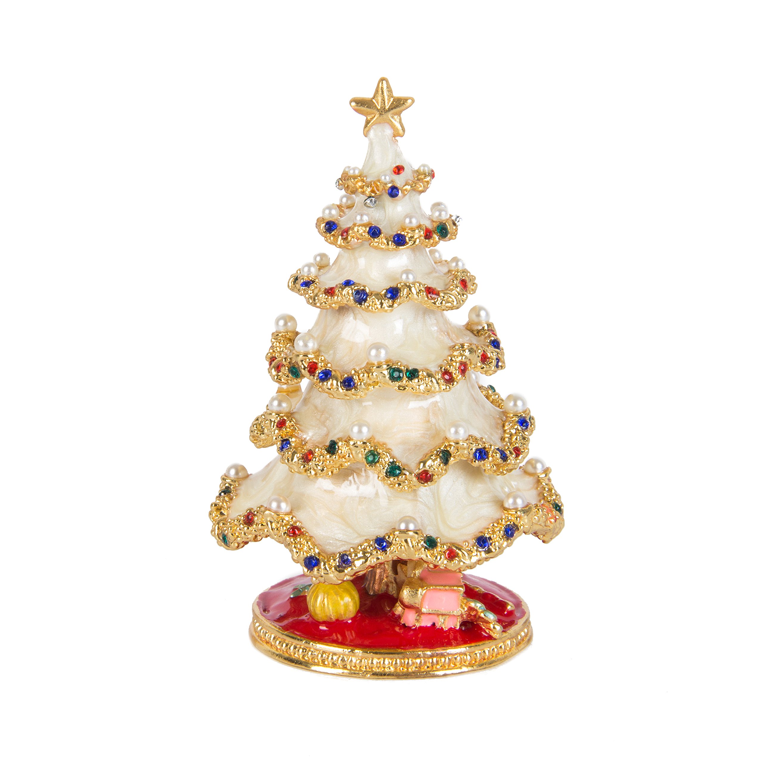 QIFU Hand Painted White Christmas Tree Decorative Enameled Jewelry Trinket Box Hinged Unique Gift for Christmas