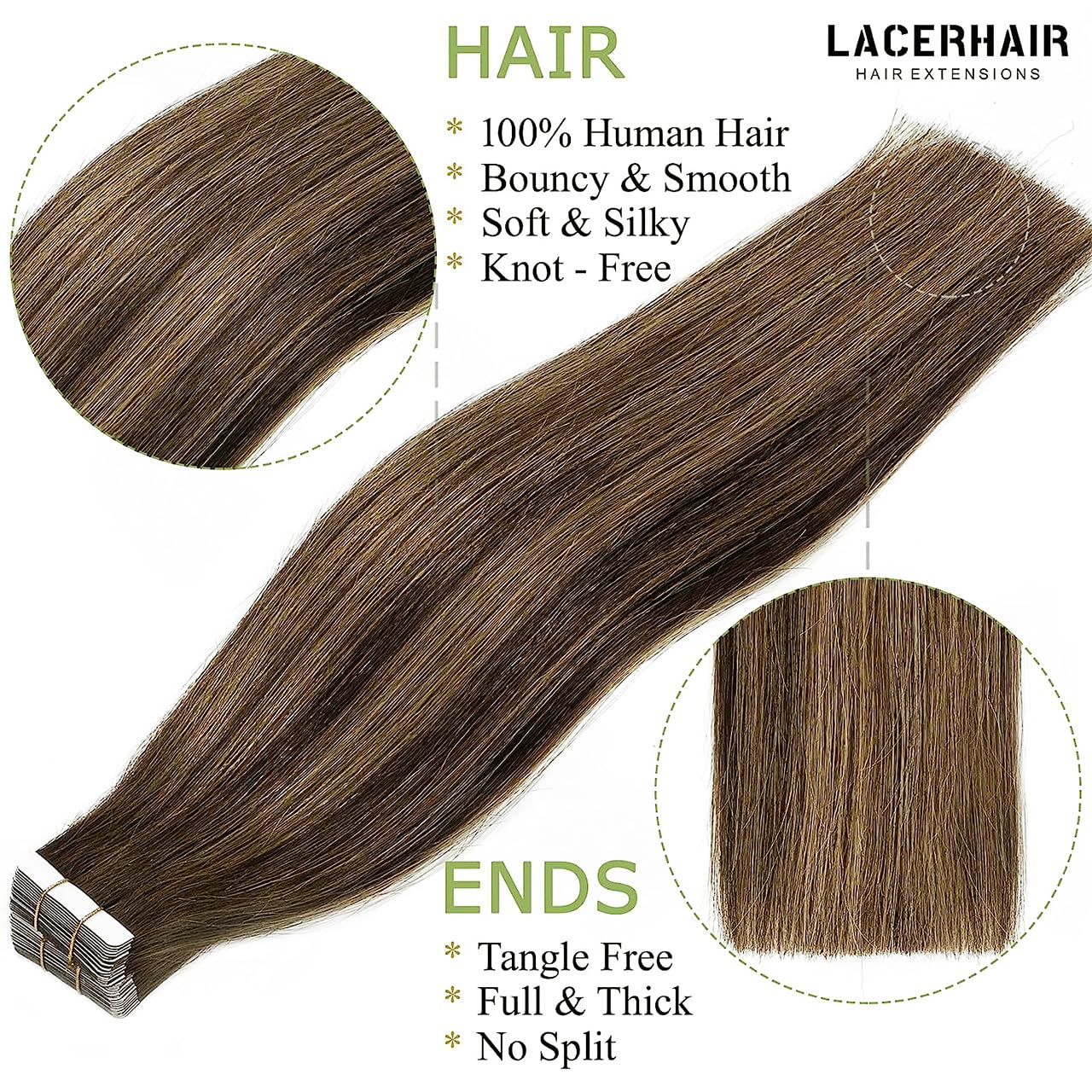 Lacer 14 Inch Best Tape in Hair Extension Human Hair Rooted Dark Brown to Chestnut Brown Highlight Dark Brown Double Sided Invisible Skin Weft Natural Human Hair Tape in Extensions 50g 20pcs