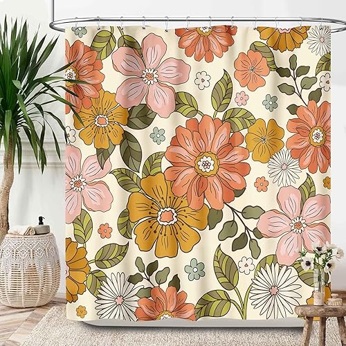 Cortinas de ducha retro de los años 70, coloridas cortinas de ducha bohemias con flores naranjas y margaritas para decoración de baño, juego de