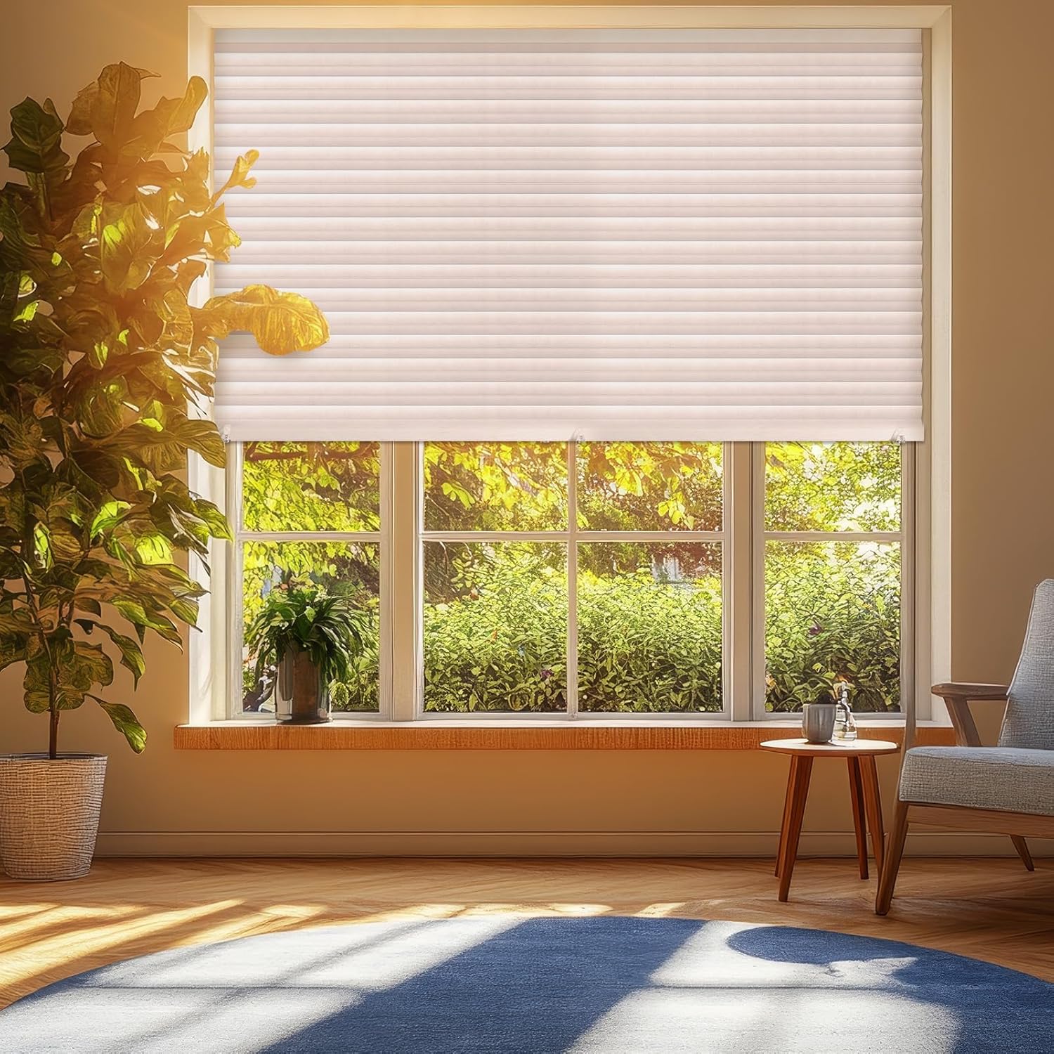 Threehoney 2 Pcs 48 x 110 Inches Temporary Blinds Cordless No Drill Cut to Size White Fabric Paper Shades Adhesive Privacy Blind for French Door Sliding Door Window Light Filtering Pleated Shade