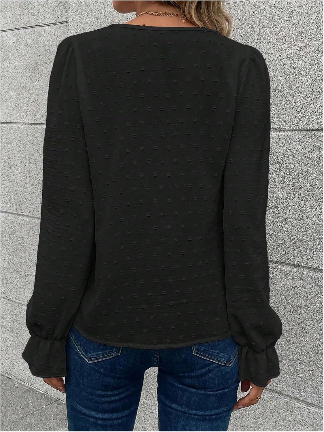 WDIRARA Women's Swiss Dots Lace Trim Blouse V Neck Long Sleeve Top - Image 2