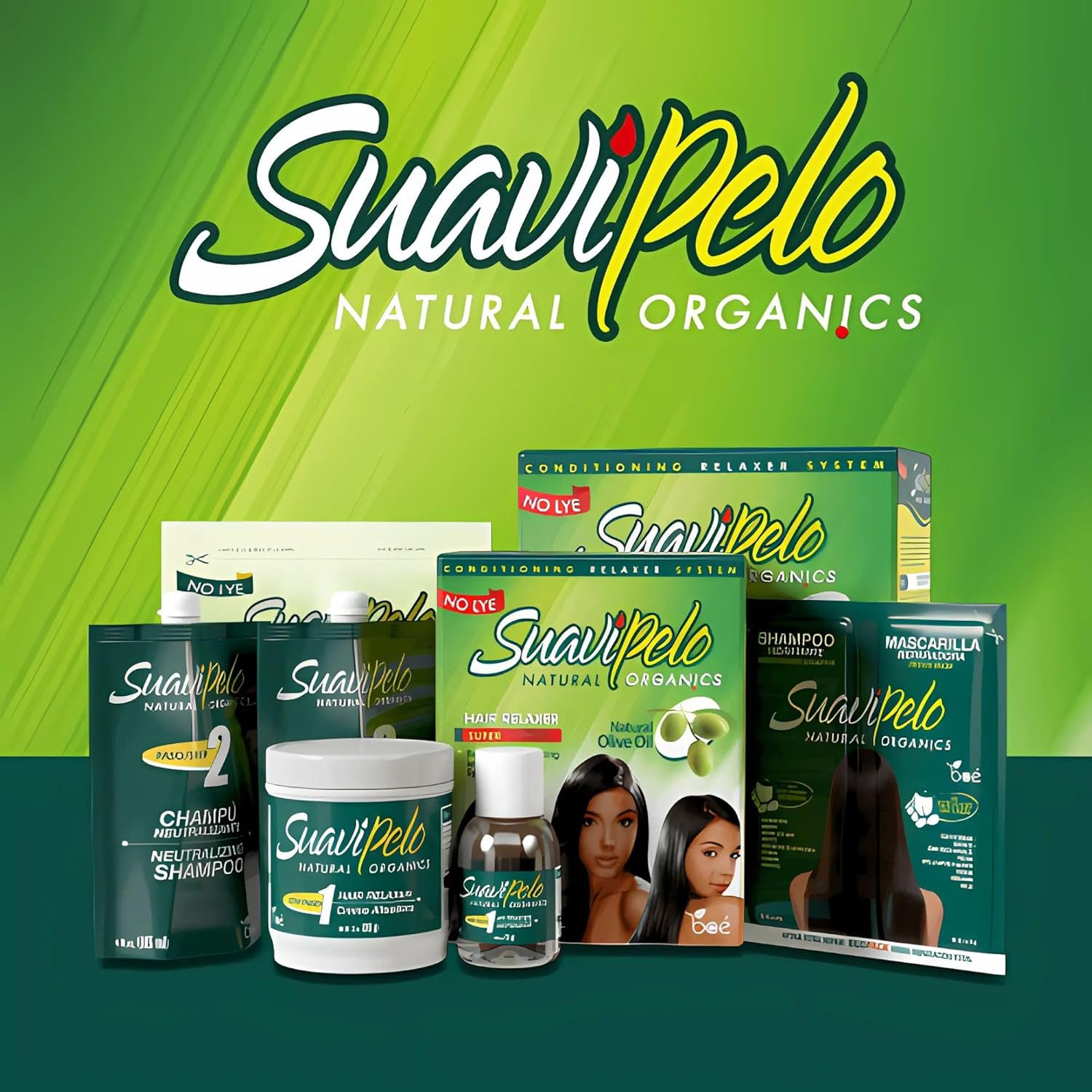 Suavipelo No-Lye Hair Relaxer Kit - Natural Organics Straightening System with Extra Virgin Olive Oil - Conditioning & Revitalizing - 2 Application Kit - Includes Shampoo & Gloves