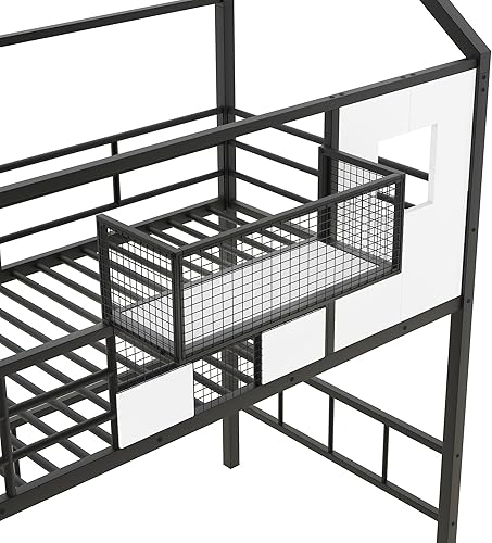 Miniatura 32 de Harper & Bright Designs Litera de metal individual sobre individual con tobogán, litera de casa con tobogán y techo, marco de litera baja para Negro