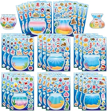 24 PCS Fish Tank Stickers for Kids - Reusable Waterproof Ocean Animal Stickers, DIY Underwater Scene, Summer Party Favors, Shark Turtle Tropical Fish Sticker