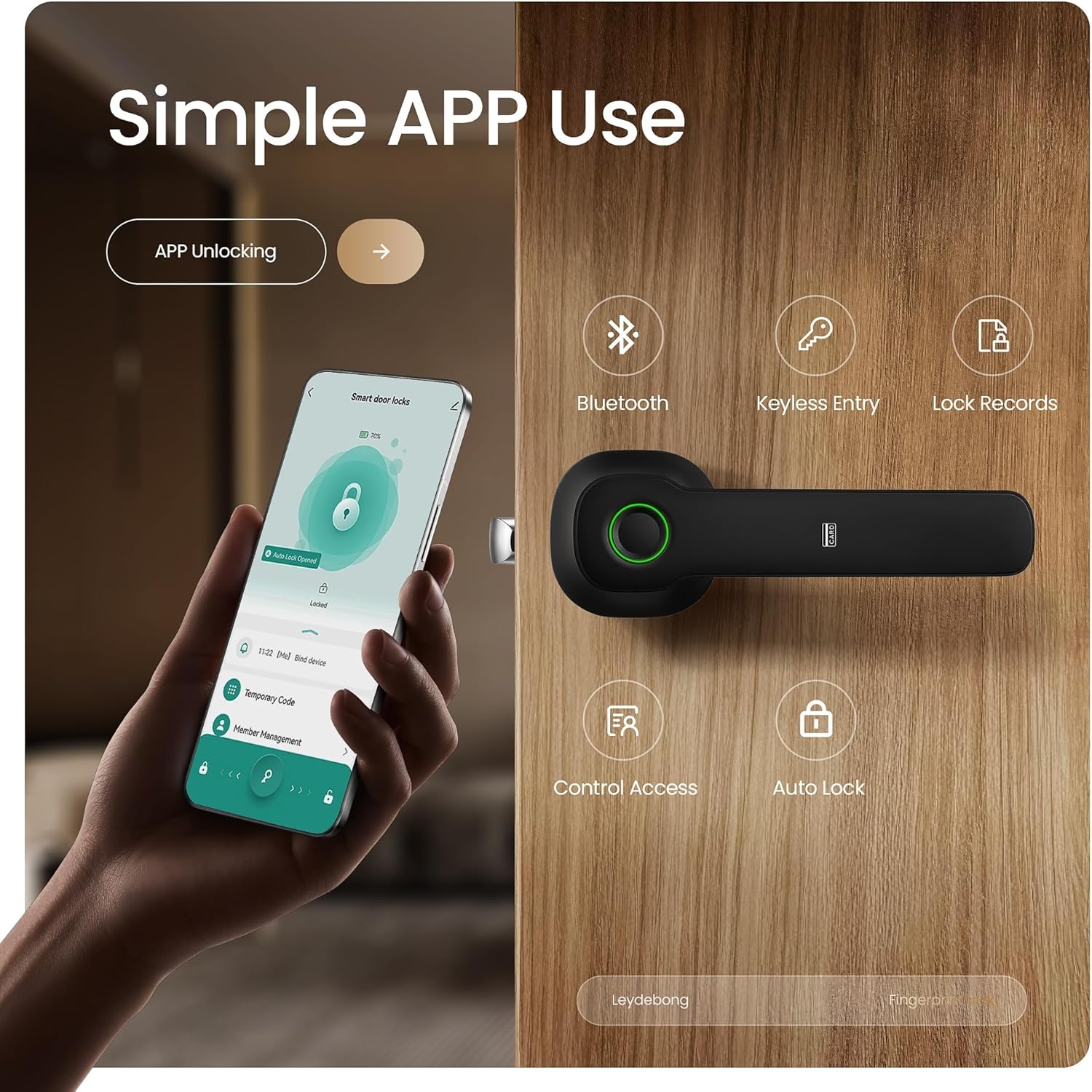 Leydebong Smart Door Lock with Fingerprint, IC Card and Keypad - 5-in-1 Keyless Entry Electronic Door Lock with App Control, Easy Installation, for Home Office Bedroom & Apartment
