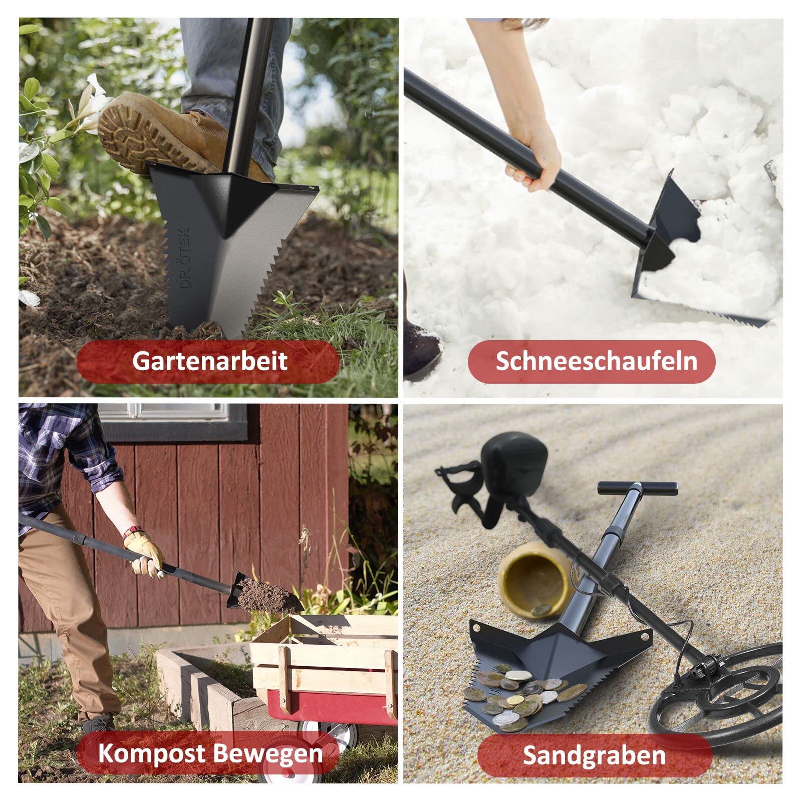 DR.ÖTEK Spaten Schaufel zum Graben, Heavy Duty Garten Schaufel T Handle, Wurzelschneider mit Langen kurzen Griff, Gartengeräte für die Metalldetektion, Transplantation, Camping, 80 & 116 cm