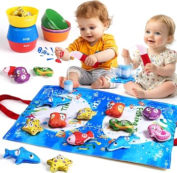 Yeeammk Montessori Toy for 1 2 3 Year Old Toddlers, 36PCS Fishing Game with Cloth Alphabet & Sea Animals, 2 Rods, 7 Color Sorting Bowls, Fine Motor Skill Toys, Shape Learning Baby Gifts for Boys Girls