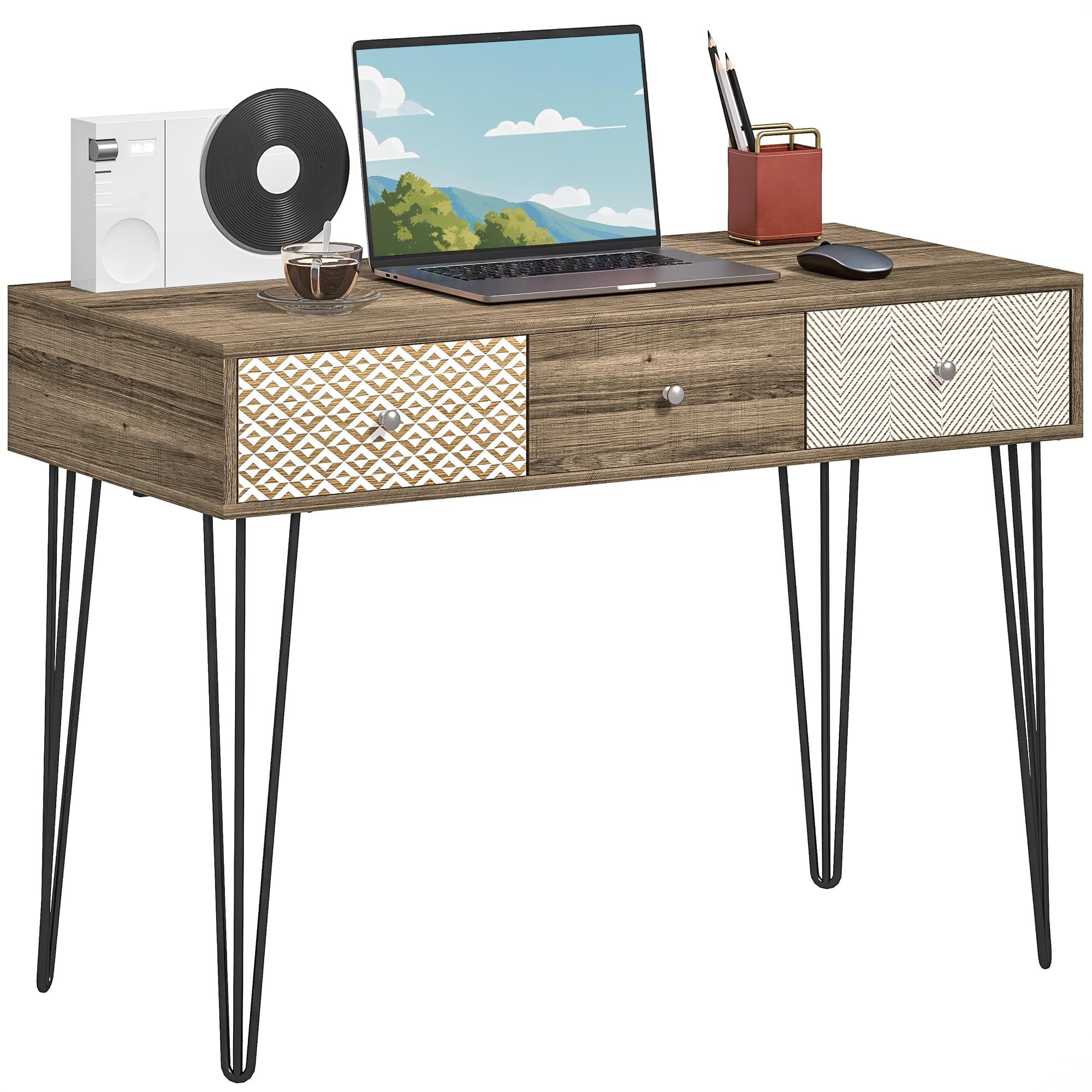 HOMCOM Escritorio Bohemio Mesa de Escritorio con 3 Cajones y Patas Horquilla para Oficina Dormitorio Tocador 105x50x75 cm Madera