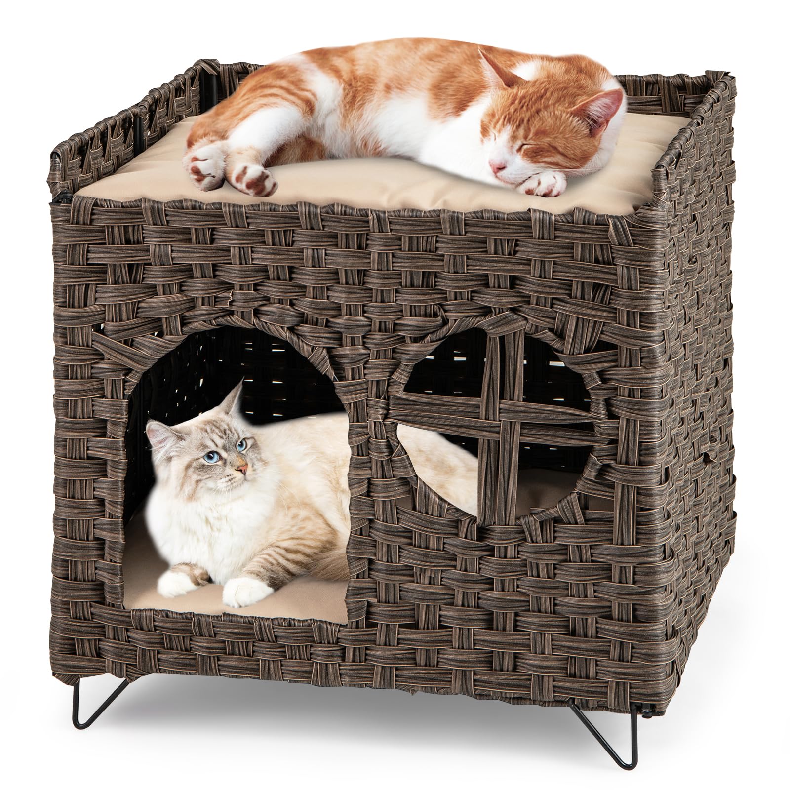 COSTWAY Casetta per Gatti in Rattan 50,5 x 45 x 50 cm, Cuccia a 2 Piani per Gatti con 2 Cuscini, Letto per Animali Domestici per Camera da Letto e Soggiorno