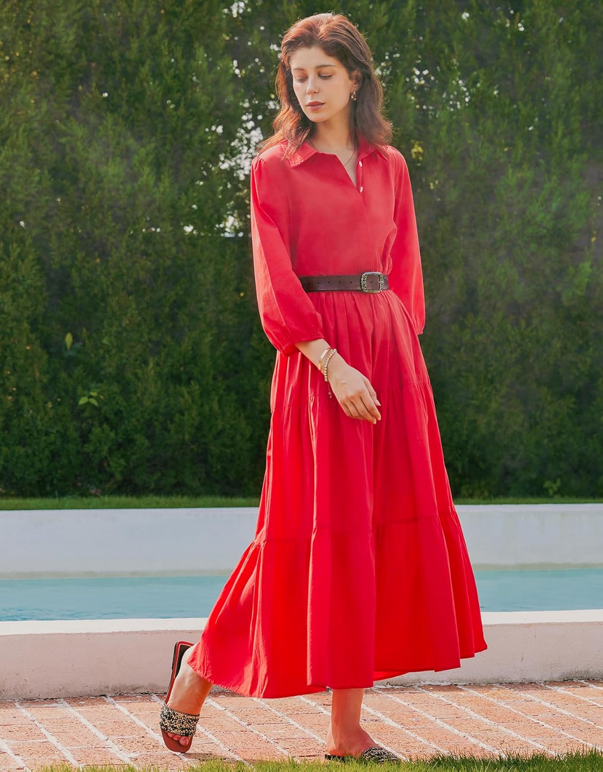 Women Button Down Maxi Shirt Dress Long Sleeve Flowy Tiered Collared Dresses with Pockets - Image 6