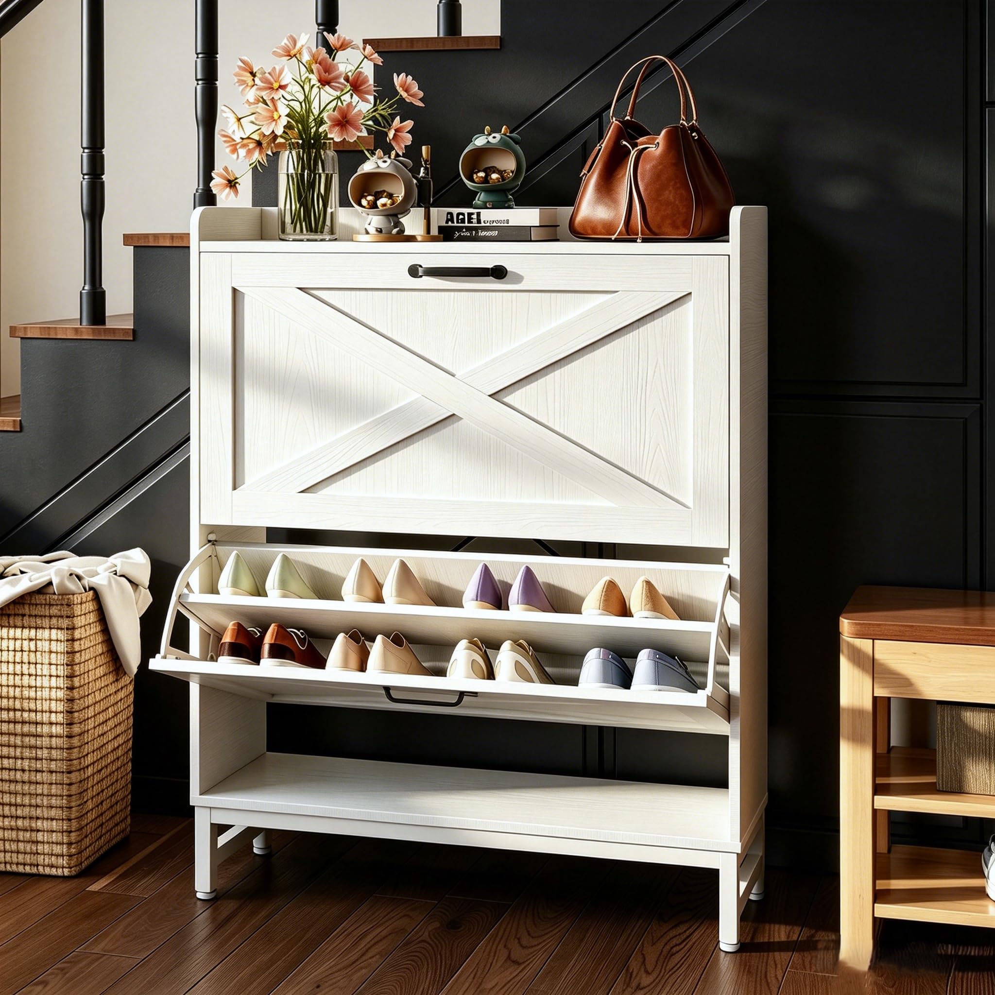 Hawthyhome Slim Shoe Cabinet with 2 Flip Drawers, Tall Hallway Shoe Storage for 12-16 Pairs, Modern Shoe Cupboard with Adjustable Shelves, Metal Handles Legs, 80x24x100cm,White