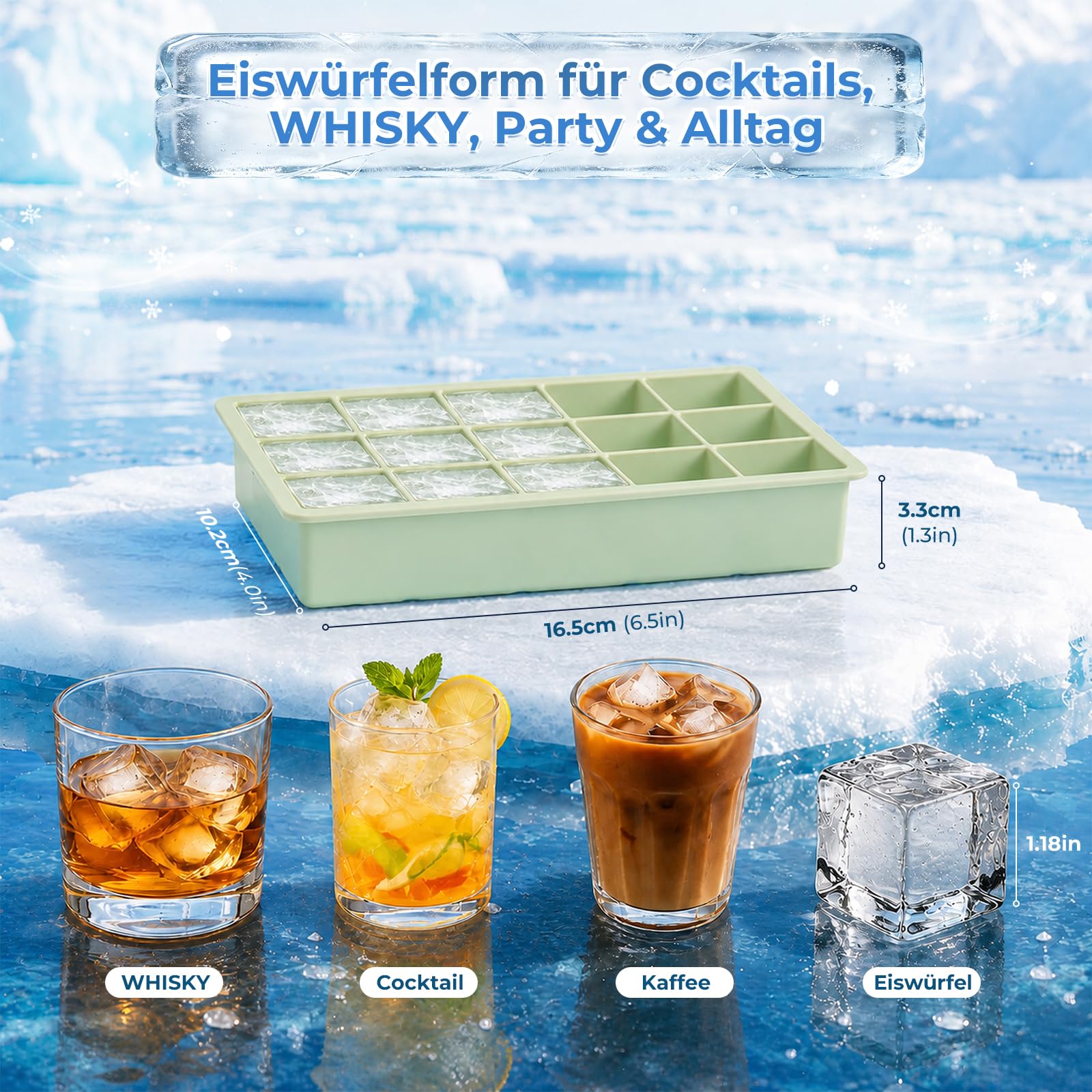 Pack 2 Cubiteras Silicona anti-olor con Tapa, 15 cavidades cada una, fácil de desmoldar, apilable, aptas para lavavajillas, LFGB sin BPA. Para hielo de café, whisky, purés. Verde