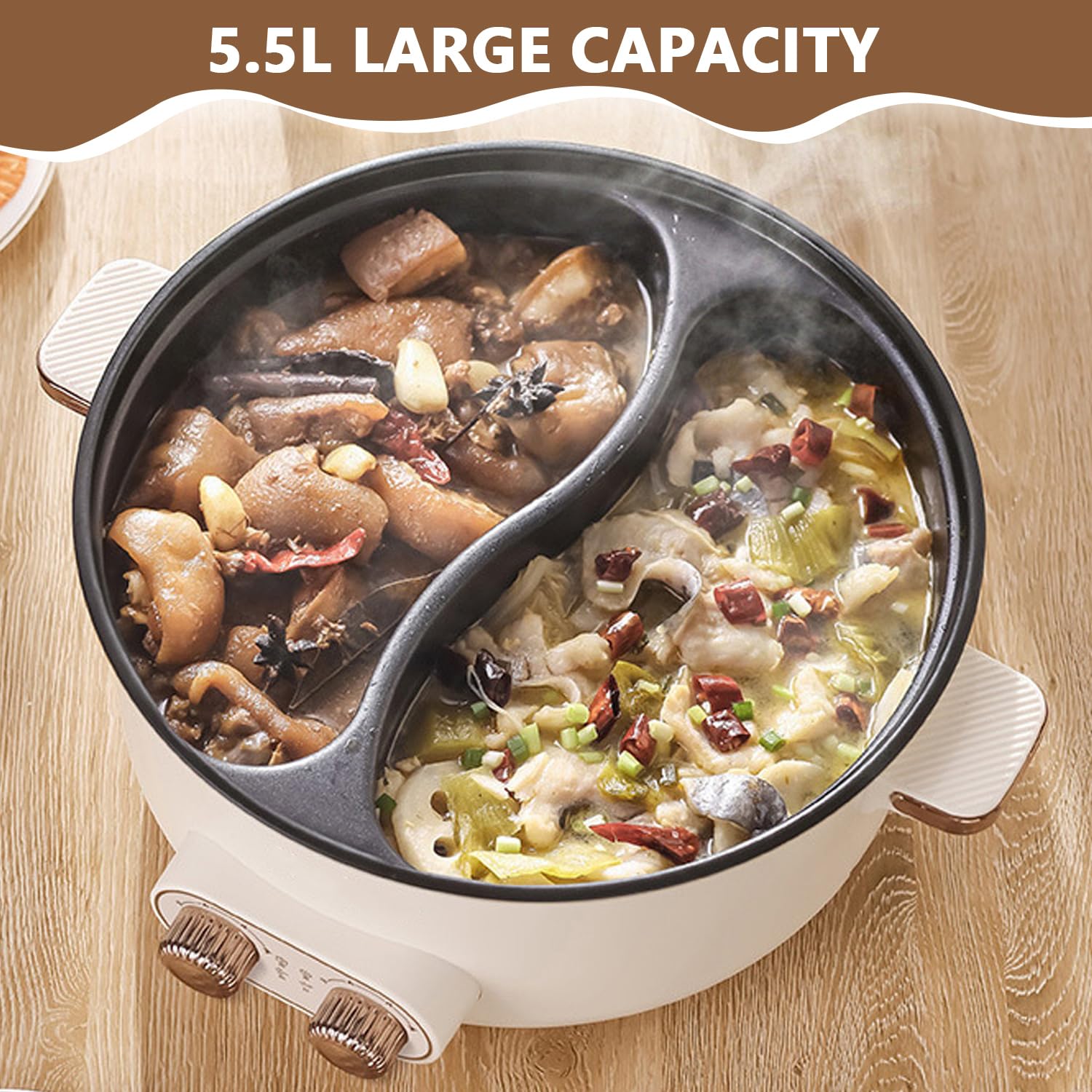 Hot Pot Elektrisch, 5.5L Doppelter Topf mit Zwei Reglern, 1600W Elektrischer Kochtopf mit Trennwand - 3 Speed Settings, Multifunktionale Hotpot für Braten Ramen Fondue und GemüSe Rühren