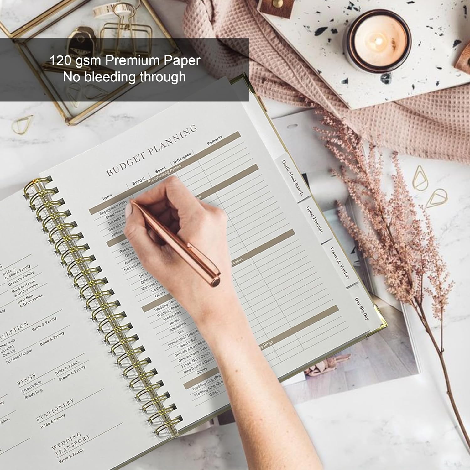 Wedding Planner Book and Organizer for Bride - Elegant Linen Cover Wedding Planning Binder with Checklists,Pockets & Calendars,Perfect Engagement Gifts for Couples(Cream) - Image 4