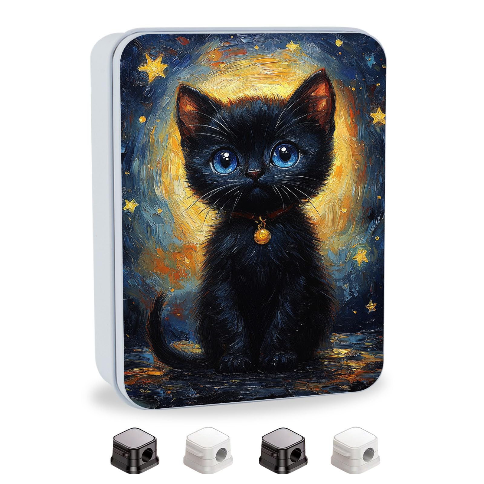 Metal Tin Box with Lid,Multi-functional Storage Box Can Store Tea Biscuits Game Cards, Playing &amp; Tarot Cards-Comes with 4 Magnetic Cord Clips,Black Kitten Painting