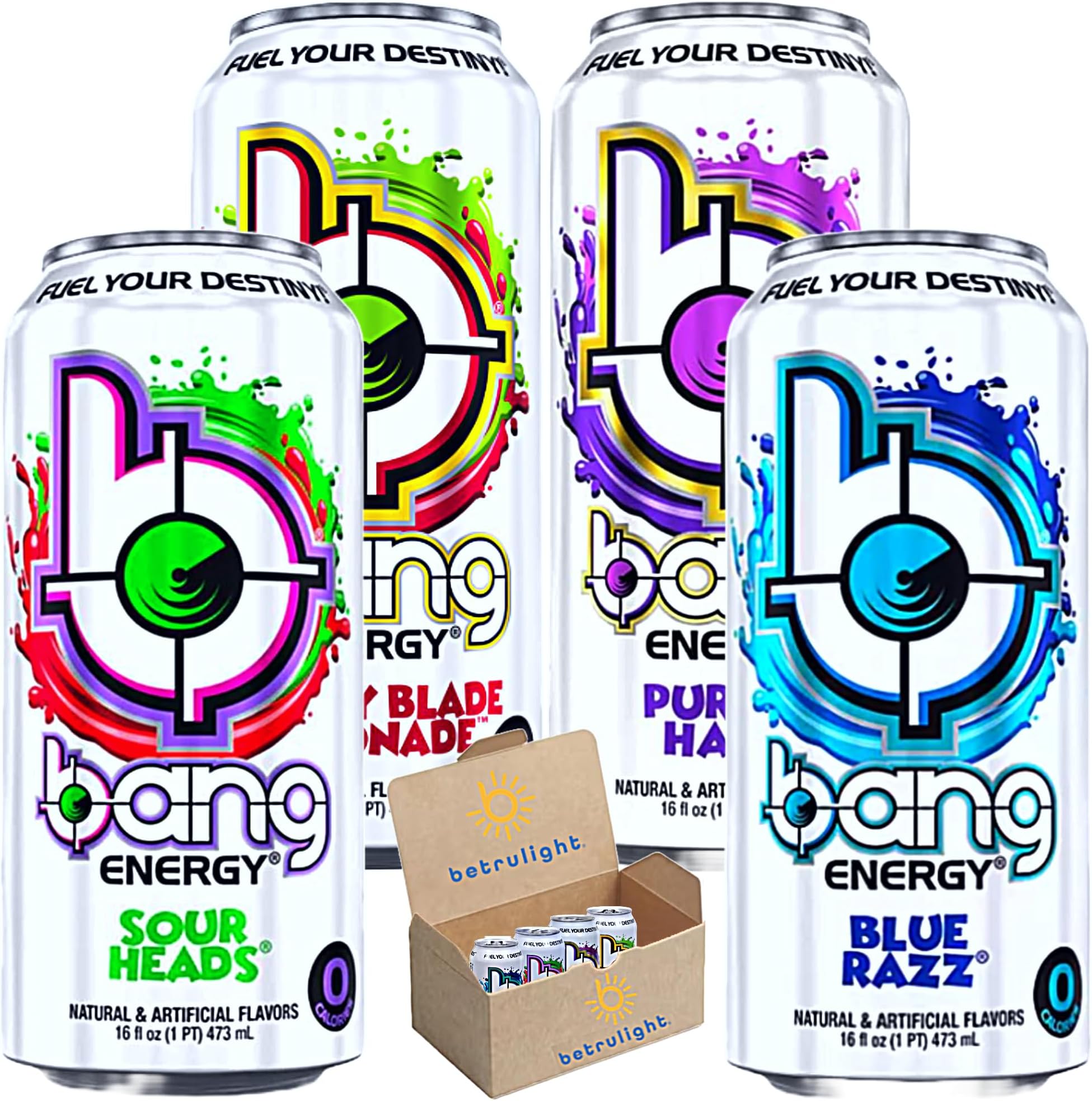 Bang Energy Drinks | Variety Pack of Cherry Blade Lemonade | Purple Haze | Sour Heads | Blue Razz is Zero Calories | Sugar Free & Keto Energy Drinks | 16 Fl Oz Pack of 4 | Every Order is Elegantly Packaged in a Signature BETRULIGHT Branded Box!