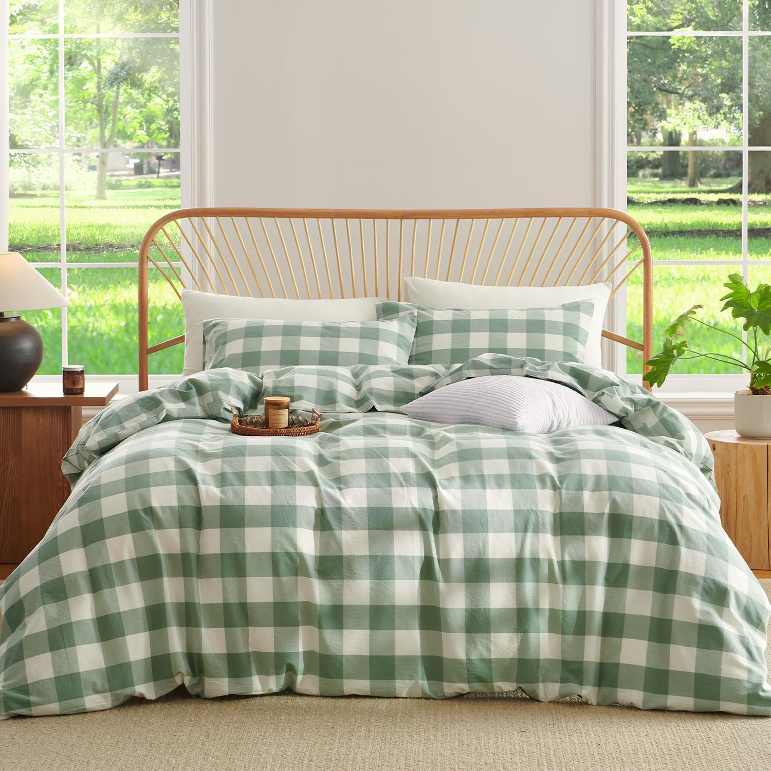 Green Gingham Duvet Cover Queen Size 100% Washed Cotton Duvet Cover Green Plaid Bedding Set Farmhouse Checkered Grid Bedding with 2 Pillowcases