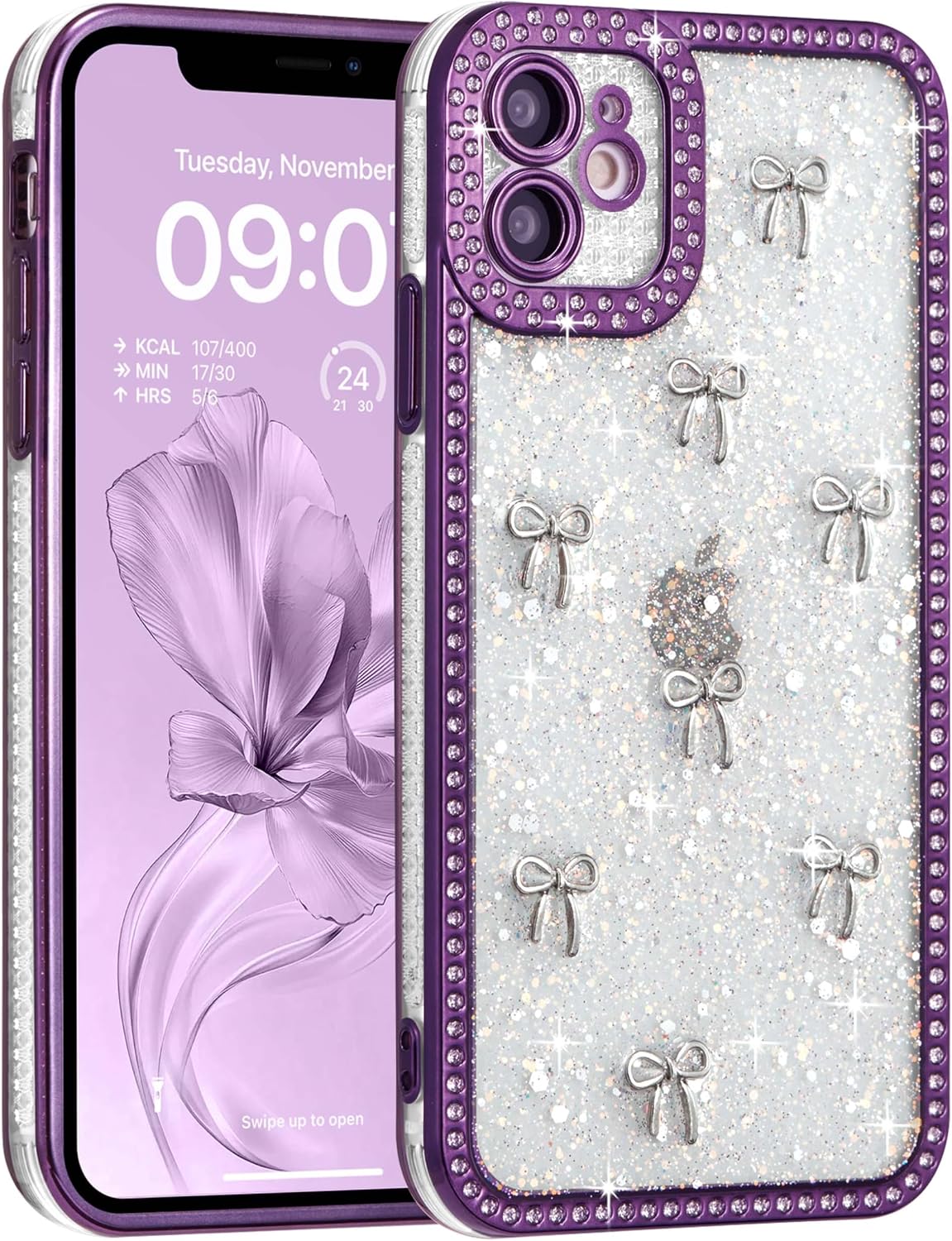 FABSPARK Clear Case for iPhone 11,Glitter 3D Bow,Purple/Silver Bow