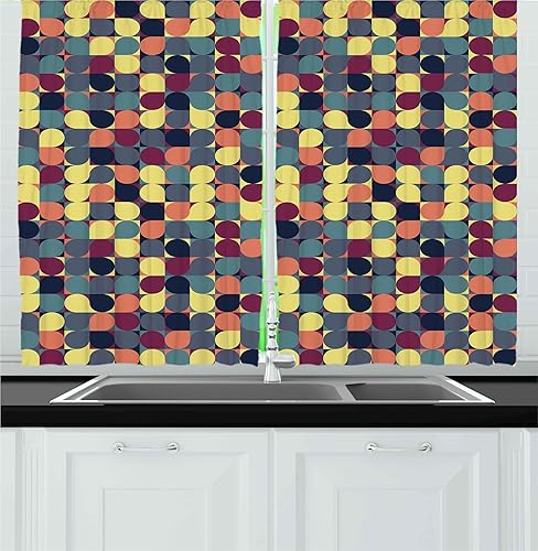 Ambesonne Retro Kitchen Curtains, Pastel Color Circular Shapes in Squares Mosaic Pattern Modern Geometric Illustration, Window Drapes 2 Panel Set