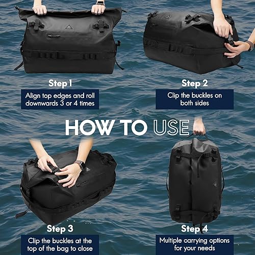 Vista 21 de Haimont Mochila de lona grande impermeable con parte superior enrollable, bolsa de lona seca resistente para navegación, viajes, motocicleta, kayak