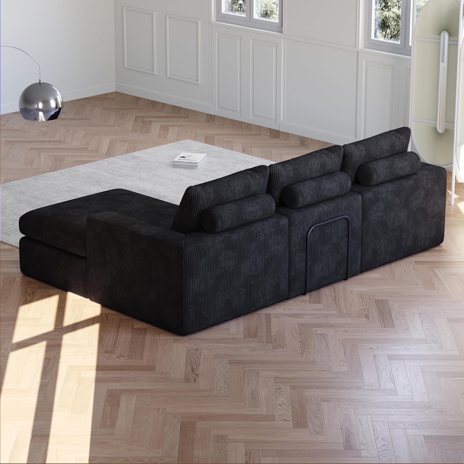 Corduroy Cloud Combination Sofa with Lounge Chair, L-Shaped Modern Upholstered Combination Sofa for Living Room and Bedroom, Apartment, No Assembly Required, Two Large L-Shaped Sofas. (Black+6 Seat)