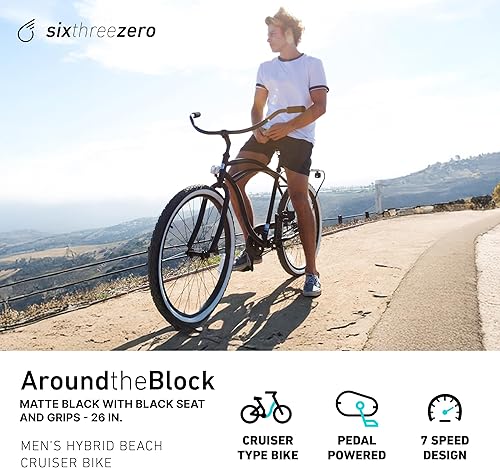 Miniatura 28 de sixthreezero Around The Block - Bicicleta de playa para hombre, bicicleta híbrida con soporte trasero Negro mate con asiento/agarraderas negras
