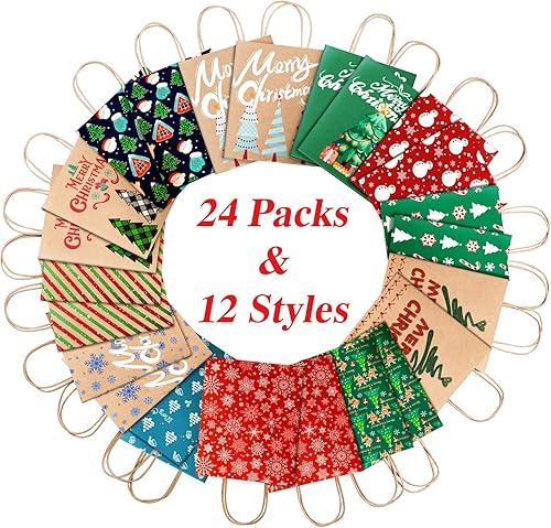 Miniatura 3 de Bolsas de Navidad, pequeñas bolsas de papel kraft navideñas, paquete de 24 y 12 estilos, bolsas de regalo a granel con asas, bolsas de regalo para