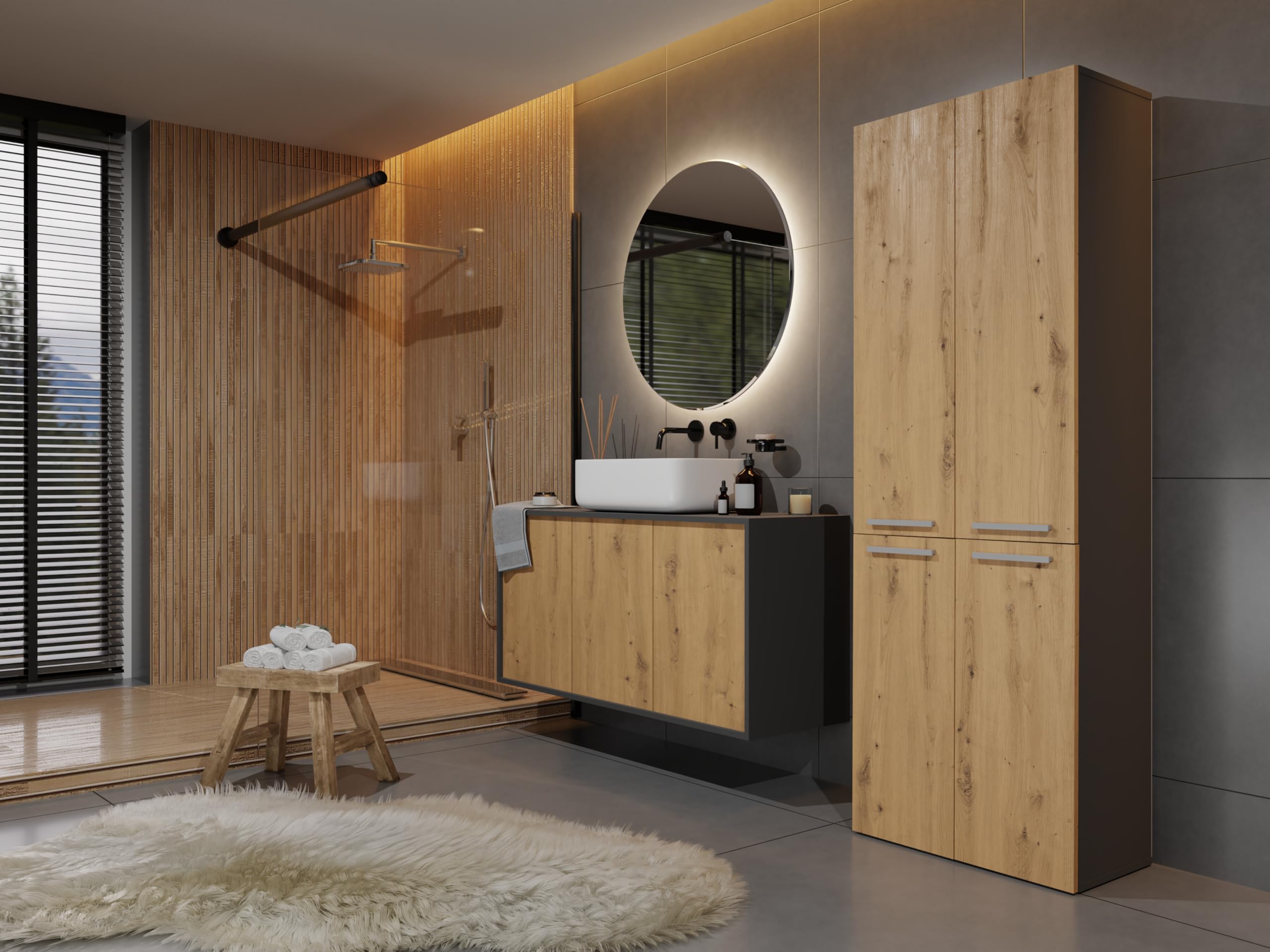 ARREDO DA CASA Armadio Bagno a Colonna con Cesto Portabiancheria, 3 Ante Battenti e Anta a Ribalta, Mobile Salvaspazio 60x174x30 cm, in Diversi Colori ABT1 (Rovere/antracite)