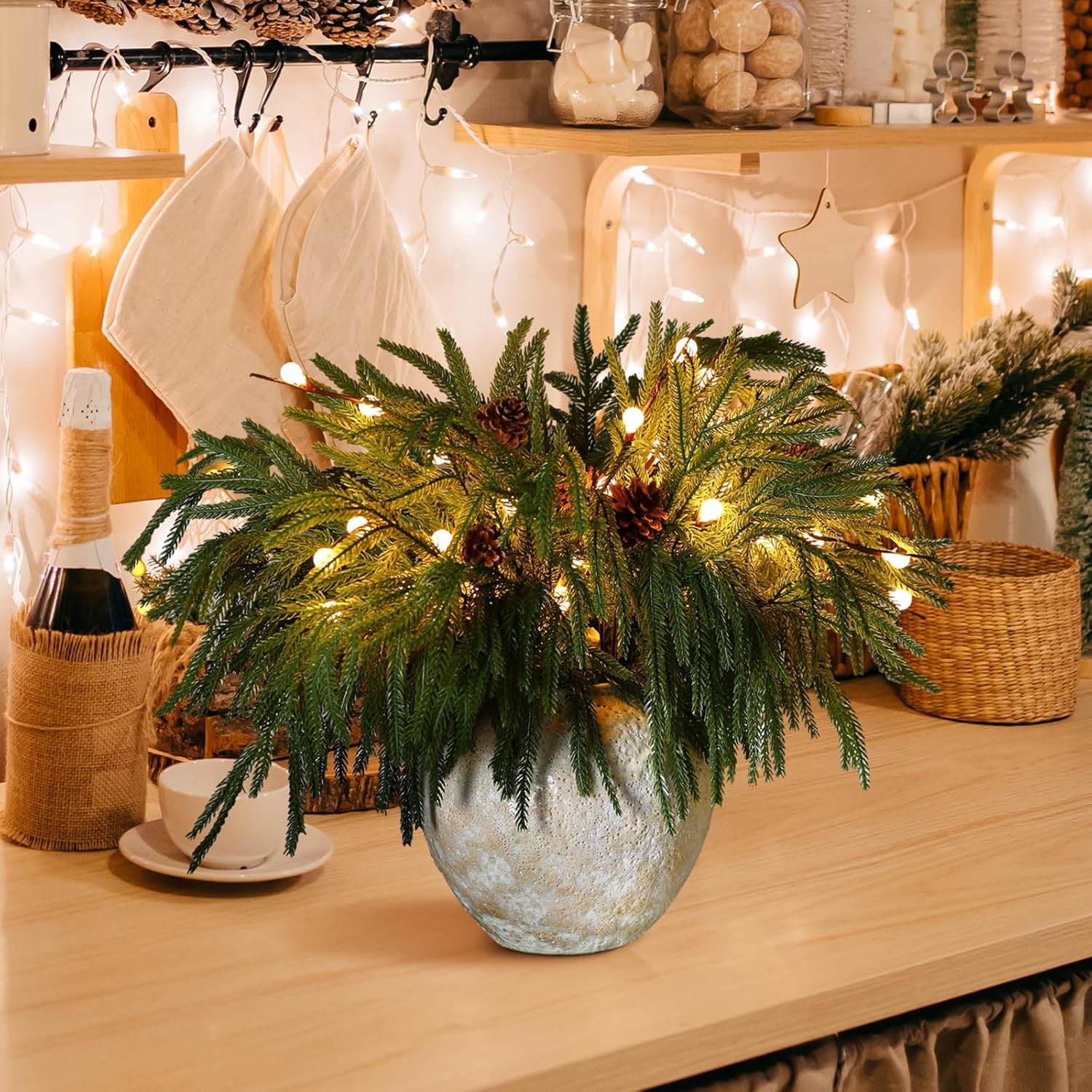 Tigeen 20 Pcs Christmas Norfolk Pine Branches with Lights Set Includes 12 19.7 Artificial Pine Picks 2 Lighted Branch 6 Pinecones Faux Greenery Stems for Vase DIY Crafts Xmas Home Decoration