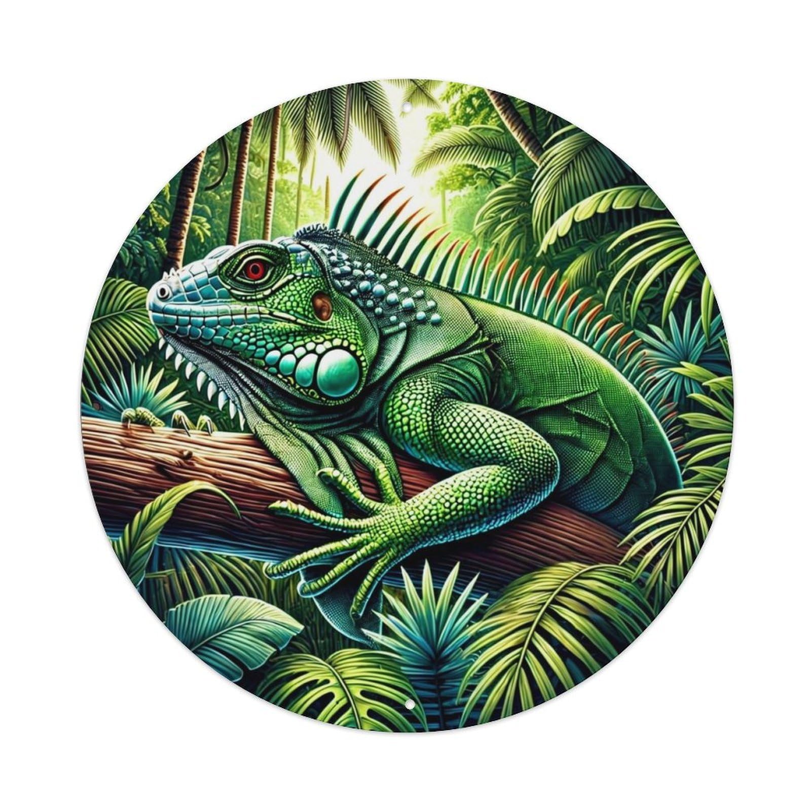 Green Iguana On Jungle Log Vintage Metal Tin Sign Retro Wall Decor for Home Bar Garage Cafe, Indoor & Outdoor Decorative，circle Metal Poster, 8x8 Inch