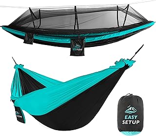 FE Active Outdoor Camping Hammock - Double Hammock for Adults. Removable Mosquito Net, Lightweight, Portable Hammock w Adjustable Straps for Travel, Camping, Backpacking | Designed in California, USA