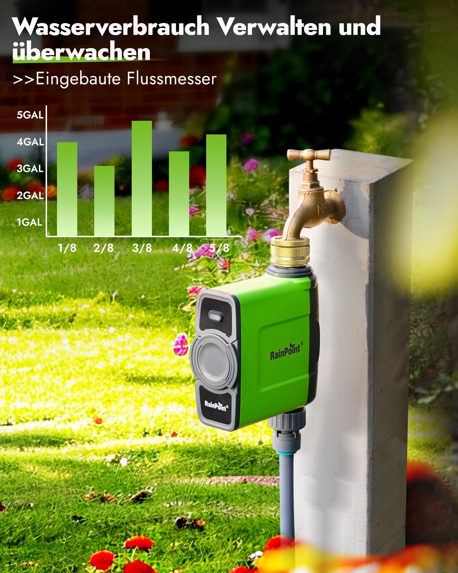 RAINPOINT Programador Riego WiFi sin Puerta Enlace de Antena, Debe Utilizarse con la Puerta de Enlace HWG023/HWG040 (Solo 2,4 GHz), Entrada y Salida de Latón, IP65 Temporizador Riego, 6 Horarios