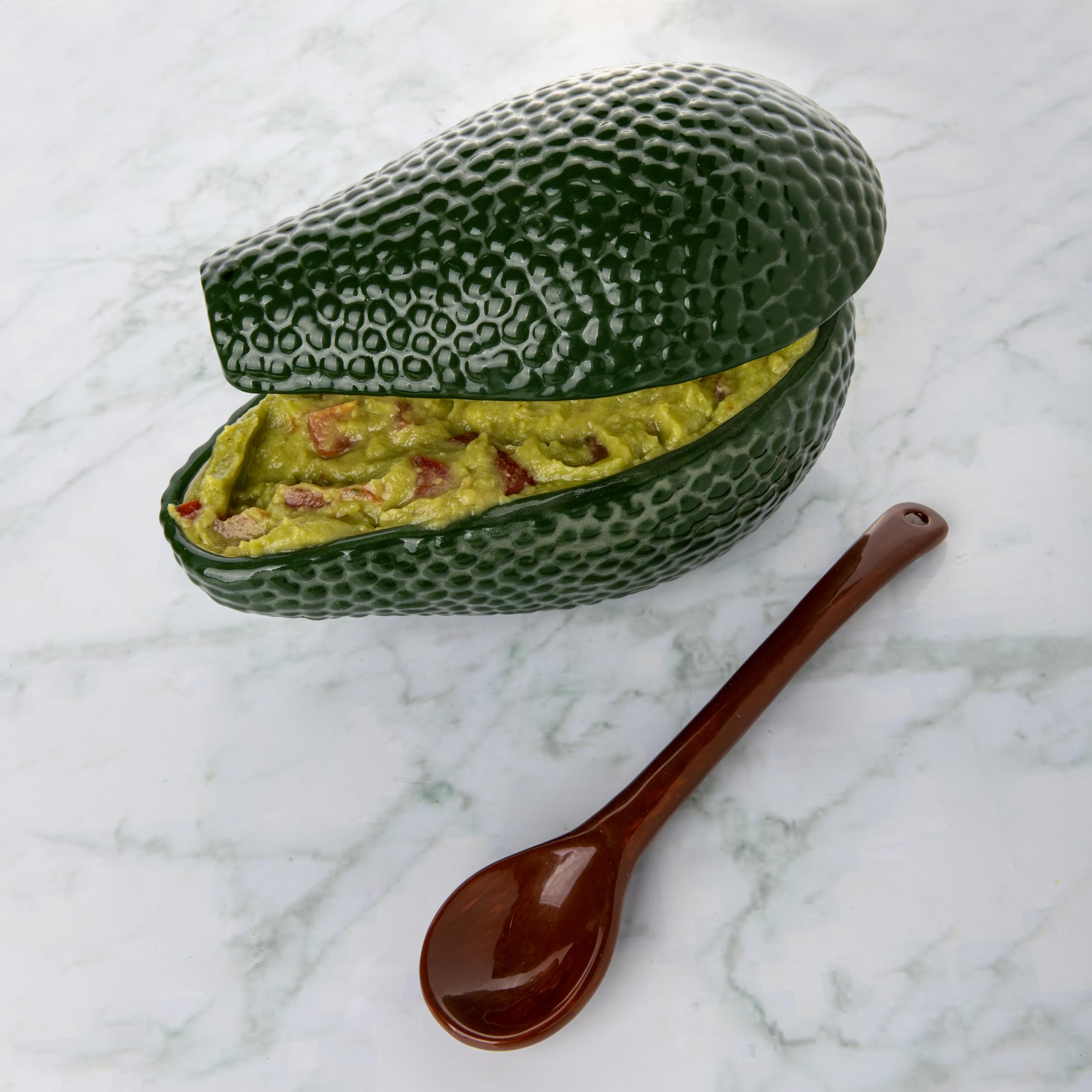 Fisura - Ciotola per guacamole con cucchiaio. Originale ciotola a forma di avocado. Ciotola per guacamole in porcellana. Ciotola verde per antipasti. 18 x 10 cm