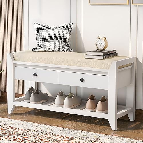 P PURLOVE Banco de almacenamiento de entrada con zapatero acolchado con 2 cajones y estante de almacenamiento, color blanco