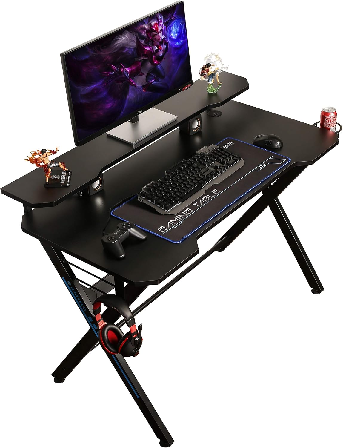 JJS 48" Home Office Gaming Computer Desk with Removable Monitor Stand, X Shaped Large Gamer Workstation PC Table with Cup Holder Headphone Hook Speaker Storage Free Mouse pad, Black