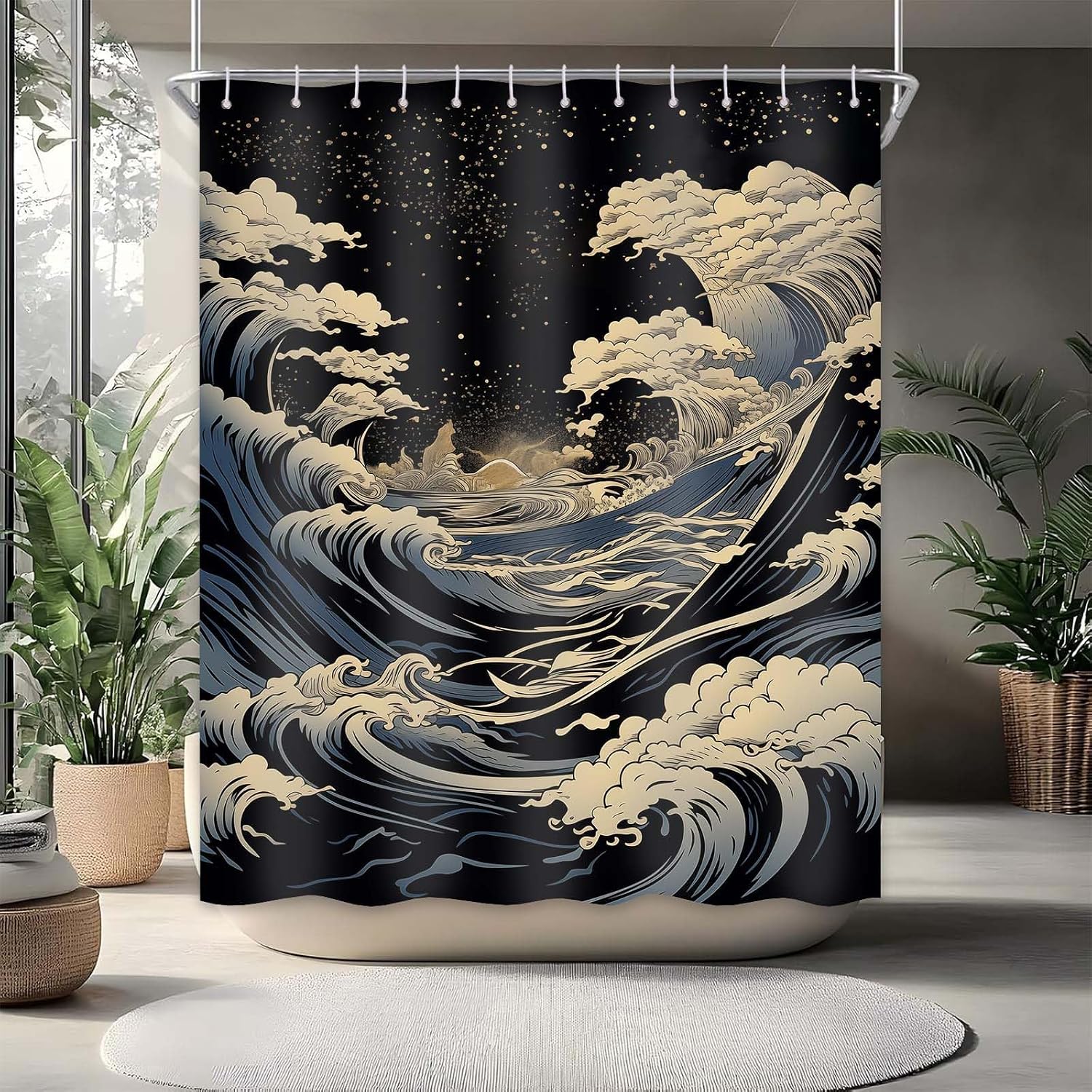 Great Waves Anime Extra Long Shower Curtain, Tall 72x84 in image 2