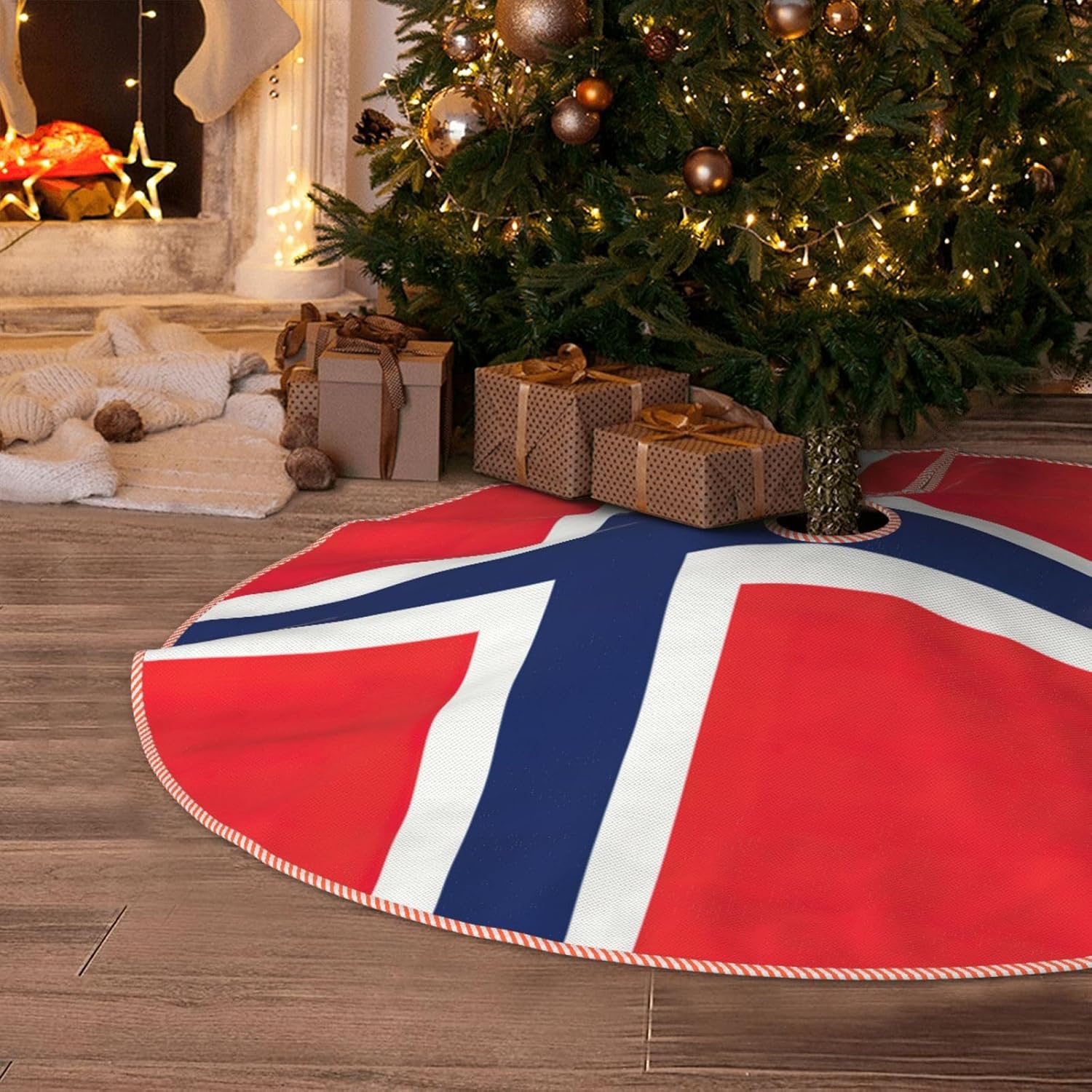 Norwegian Flag Print Rustic Thick Xmas Tree Skirt Xmas Holiday Indoor Party Outdoor Decoration Christmas Pattern
