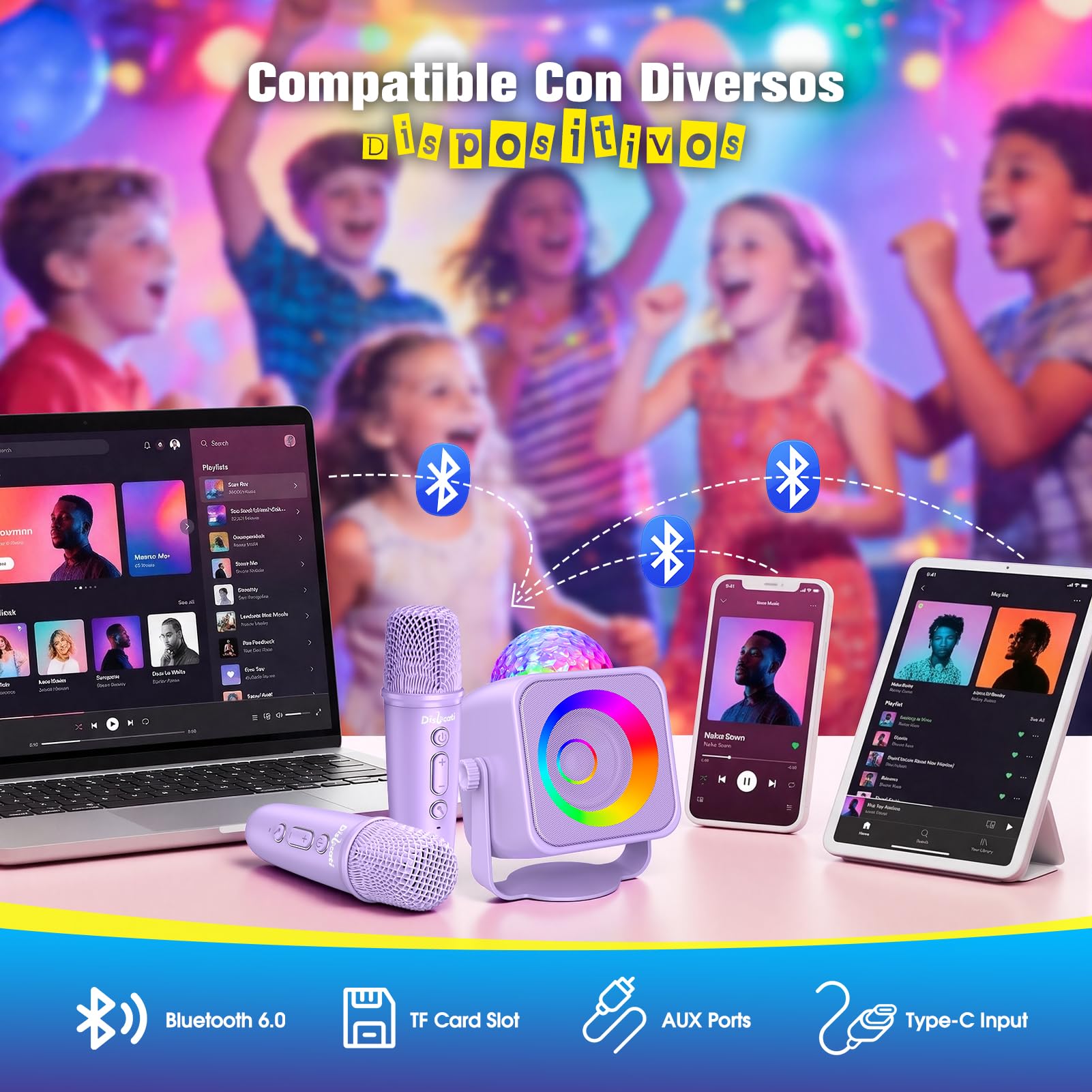 Dislocati Karaoke Infantil 2 Microfonos Inalambricos, Regalo Niña 4 5-15 Años Karaoke Infantil Juguetes Niñas 3-15 Años Equipo de Karaoke Portátil con Bola de Luces de Discoteca y Soporte Desmontable