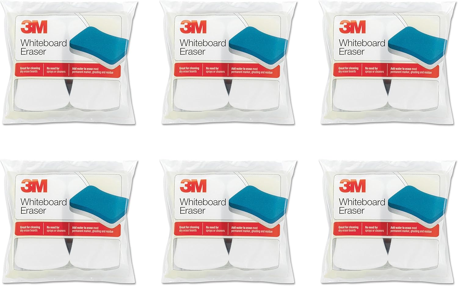 3M Whiteboard Eraser, 3 in H X 5 in W, White Yellow, for Use with Removes Permanent Marker, Pack of 2, 6 Packs