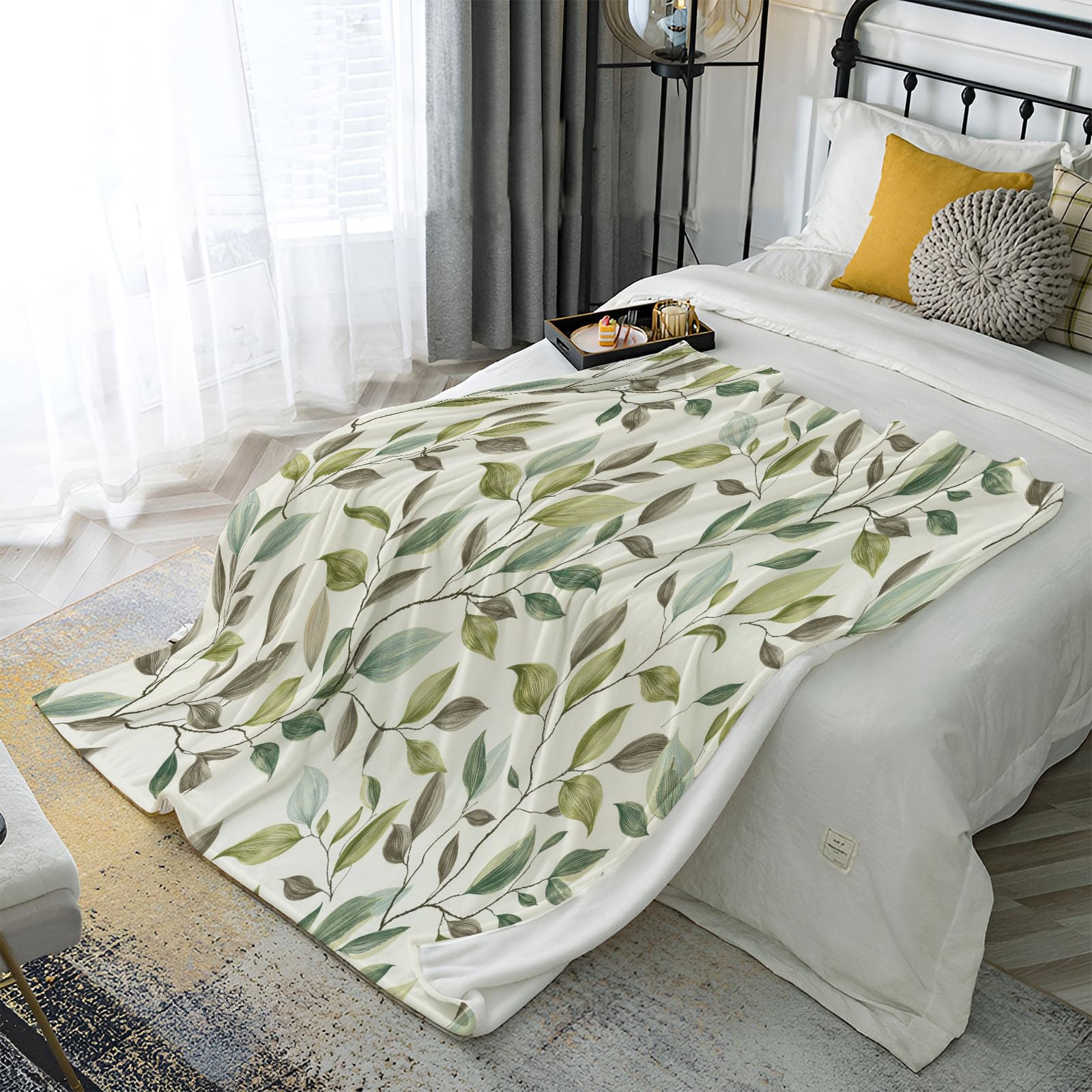 Manta Verde Claro - Manta con Estampado Hojas Y Ramas De Eucalipto Acogedora, Mantas Plantas Naturales Y Elegantes Franela Ligera Suave, para niñas niños Adultos Cama sofá 180x200 cm