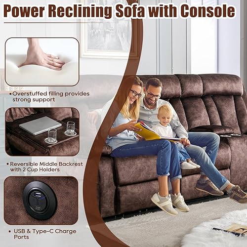 Miniatura 6 de Sofá reclinable de 3 plazas, sofá reclinable eléctrico con calor y masaje, sofá reclinable con consola, respaldo medio abatible, portavasos, puertos