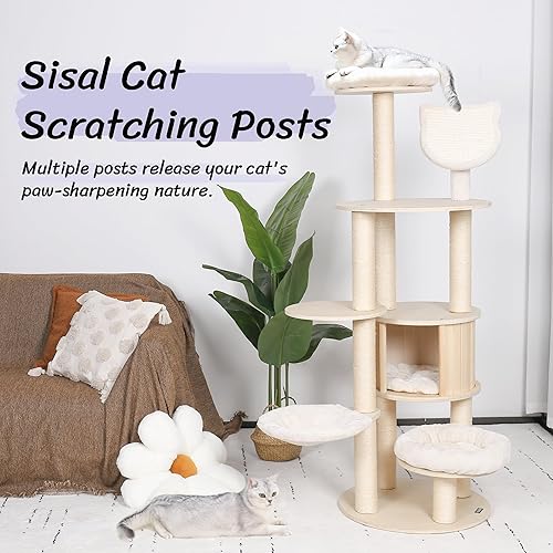 Miniatura 4 de Árbol alto para gatos de 64 pulgadas, moderno con poste de sisal natural, árbol para gatos de interior con condominio, hamaca y percha superior,