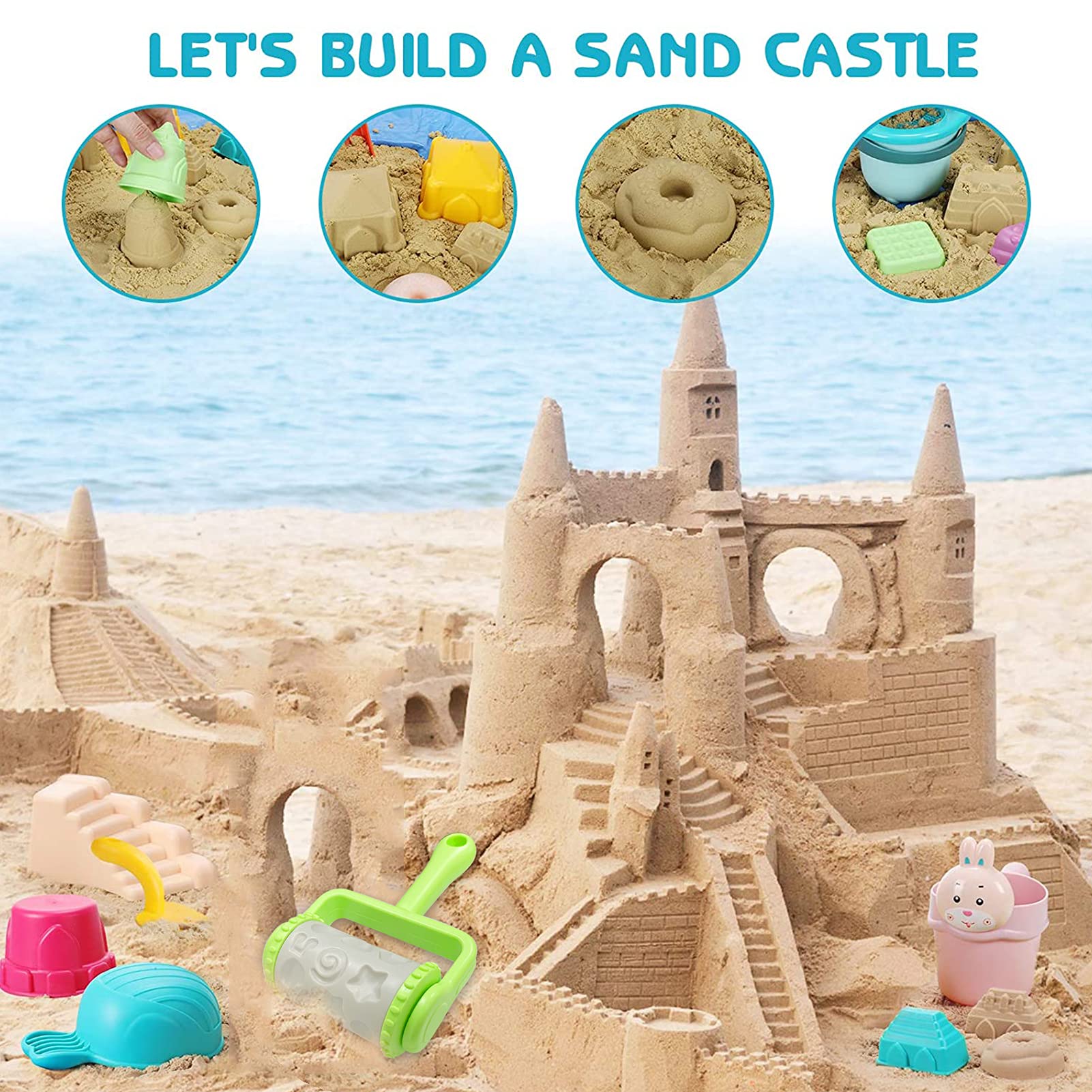 27 giocattoli di sabbia per bambini, regalo per l'inizio della scuola, set di giocattoli da spiaggia con secchio pieghevole, stampi per sabbia da