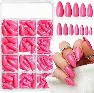 LoveOurHome 240pc Almond Press on Nails Medium Fake Nail Tips Hot Pink Acrylic Nails Press ons Nail Almond Glue Nail Short Stiltto Artificial Fingernail & Glue Adhesive Tabs for Women Girls Kids